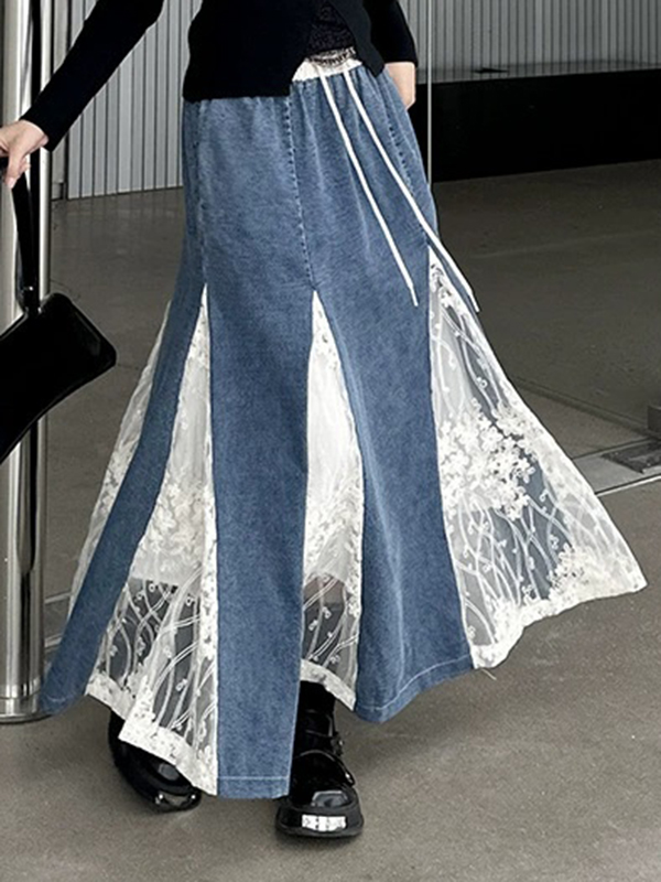 Lace Patchwork Denim High Waist Skirt