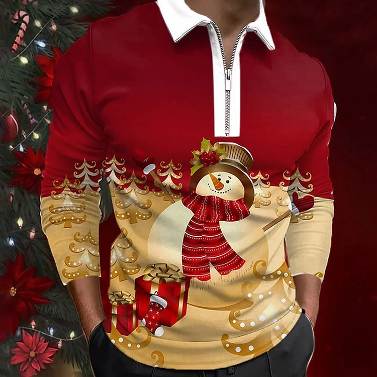 Christmas Half-Zip Turndown Collar Snowman Santa Claus Long Sleeve  Polo Shirts