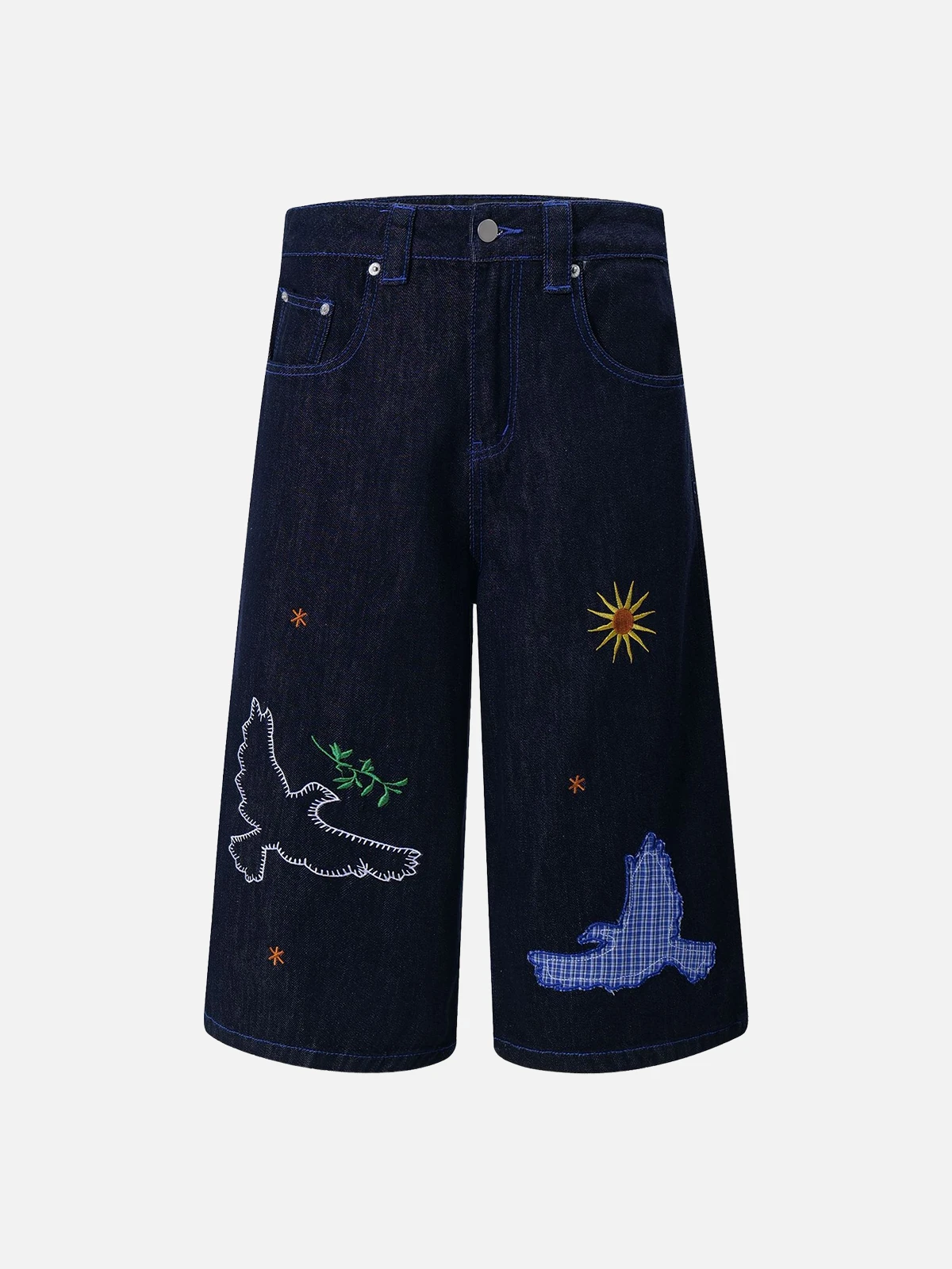 Dark Blue Act Chic Plaid Pigeon Embroidery Longline Jorts Front