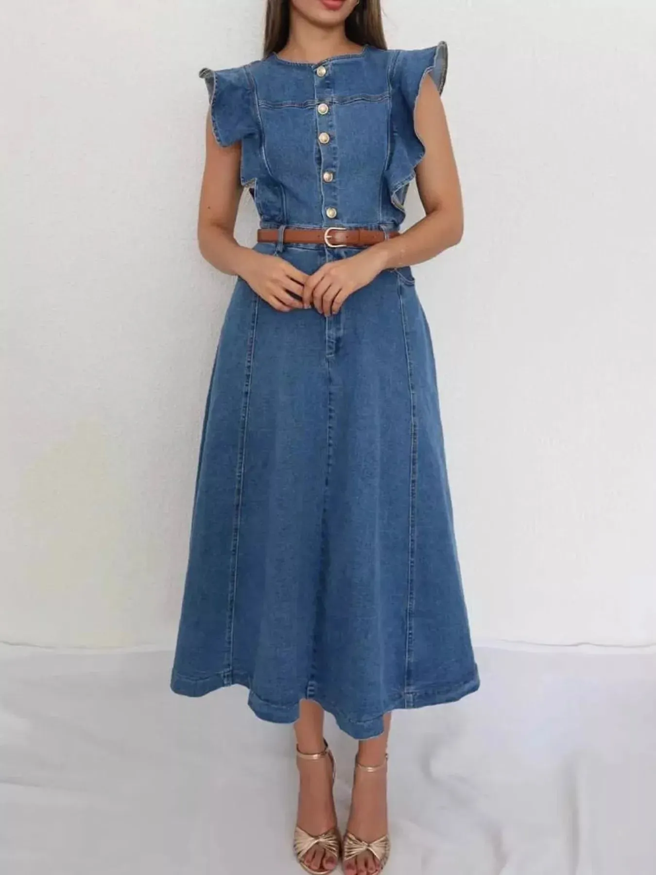 Ruffled Button Front Denim Dress mysite idetrend