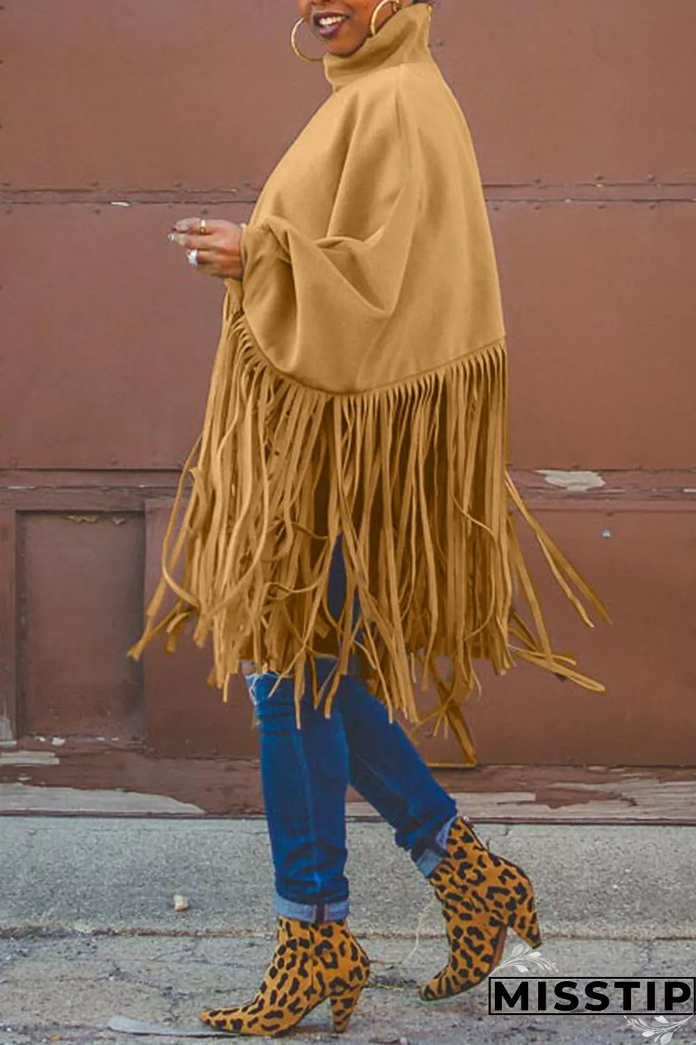 Burgundy Fashion Vintage Solid Tassel Turtleneck Plus Size Overcoat