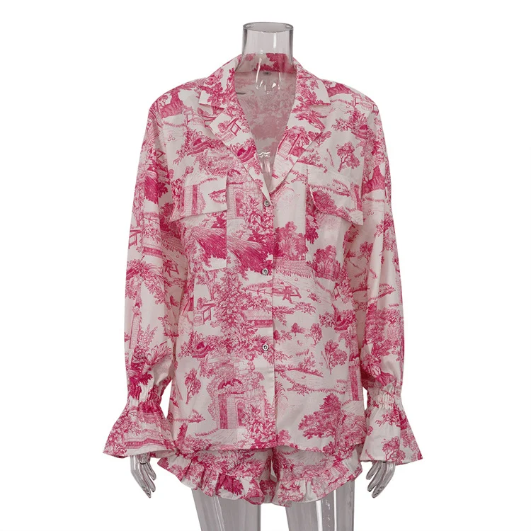 Churchf Churchf Summer Suit Fashion Chinese Style Printed Trumpet Sleeve Shirt, Shorts, Flounce Two-Piece Set