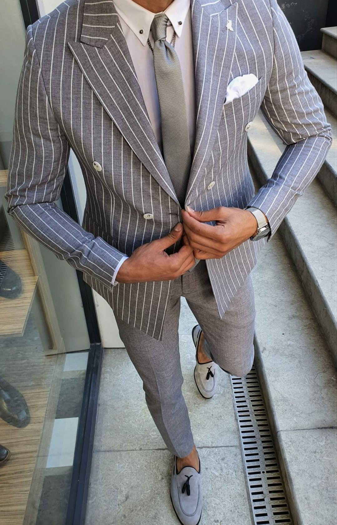 Bojoni White Slim Fit Pinstripe Double Breasted Suit