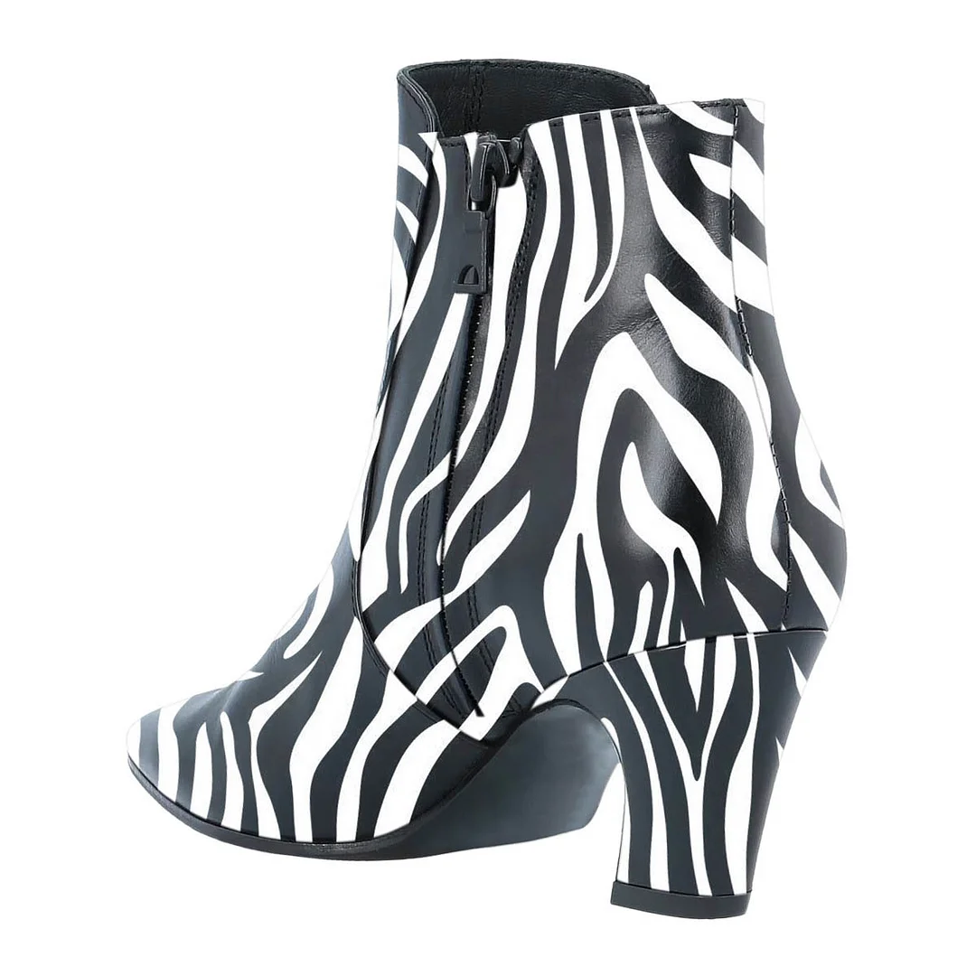 White & Black Chunky Heel Zebra Print Zipper Pointed Toe Boots