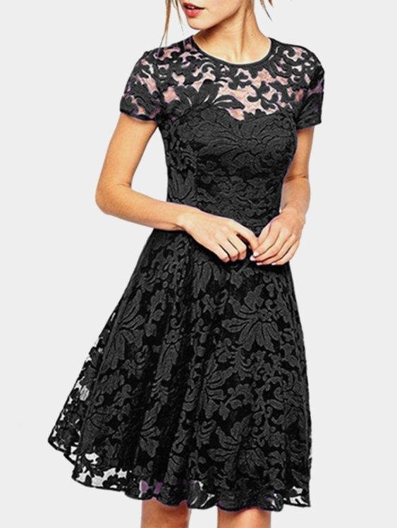 lace details round neck short sleeves mini dresses with lined p124790