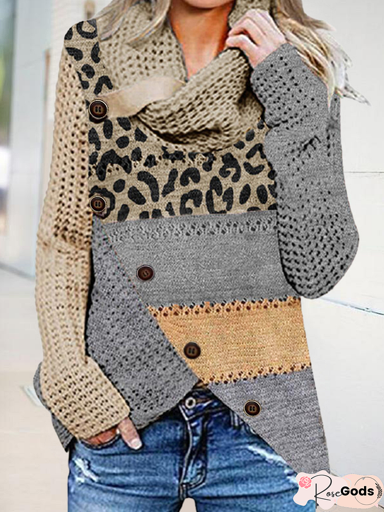 Casual Autumn Leopard Mid-Weight Daily Long Sleeve Loose Wool/Knitting Regular Sweater For Women