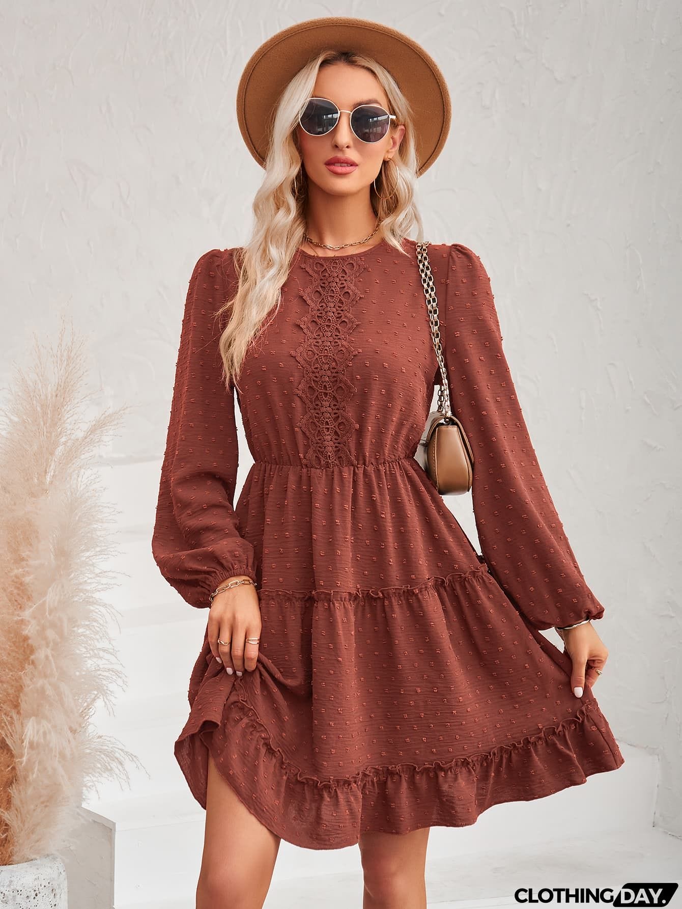 Swiss Dot Lace Trim Balloon Sleeve Dress