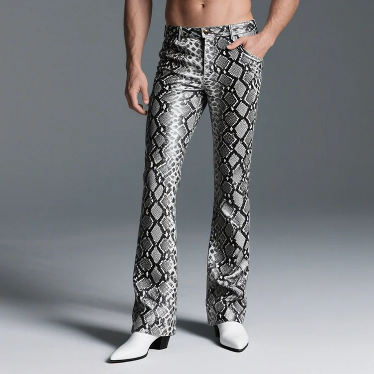 Okaywear PU Snakeskin Pattern Mid Rise Bootcut Pants 