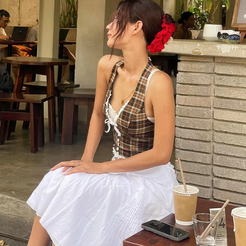 Uveng Uveng Women's Summer 2024 New Fashion Sexy French Sweet Vintage Plaid Neck Hanging Vest Top