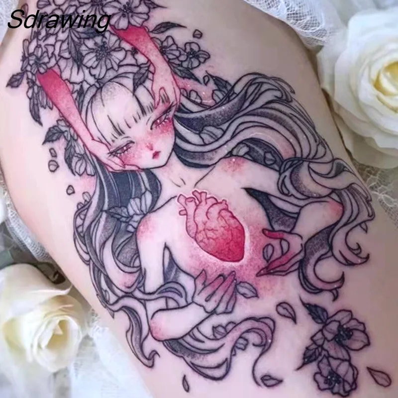Sdrawing Temporary Tattoo Sticker Anime Cartoon Cute Pink Hair Girl Flower Necklace Fake Tatto Flash Tatoo Art for Women Men