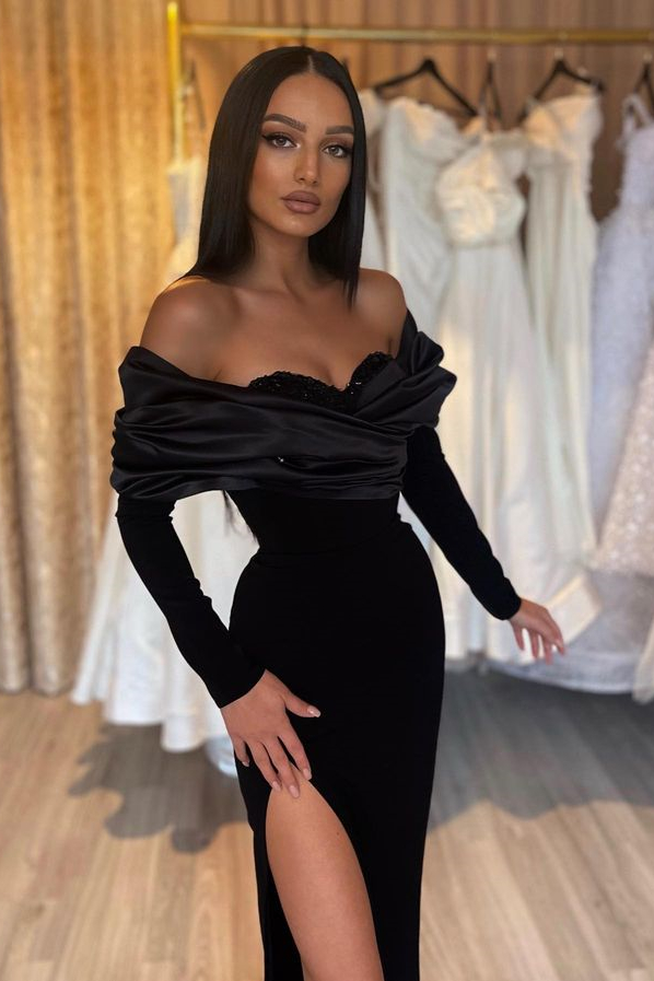 Daisda Black Long Sleeves Mermaid Evening Dress With Split