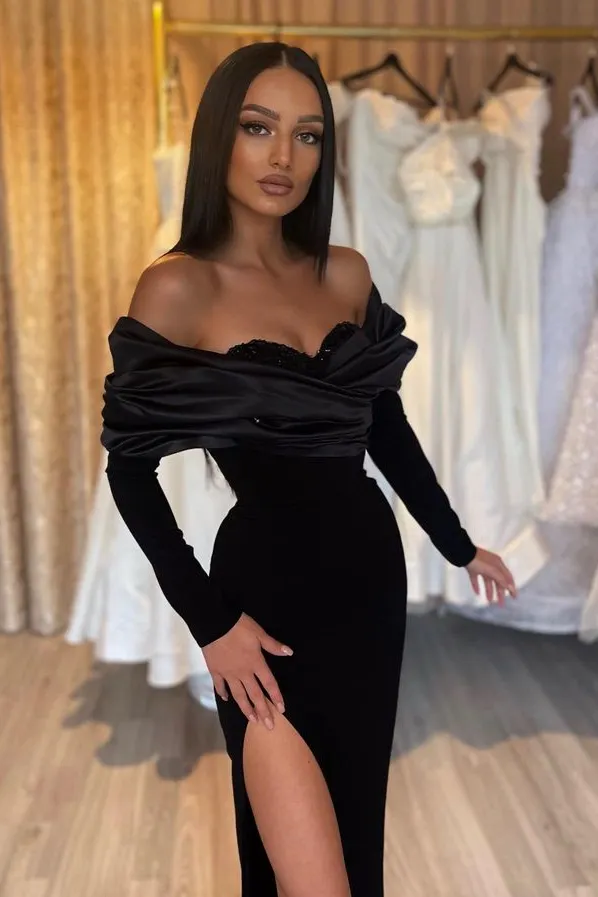 Gorgeous Black Long Sleeves Mermaid Evening Dress with Sequins and Ruffles Slit main image 0