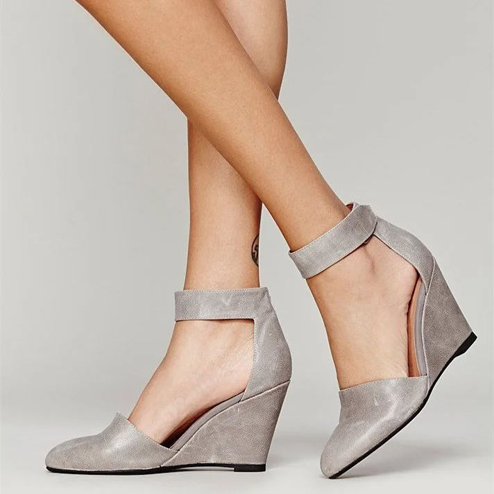 Grey Ankle Strap Wedge Heels Pumps |FSJ Shoes