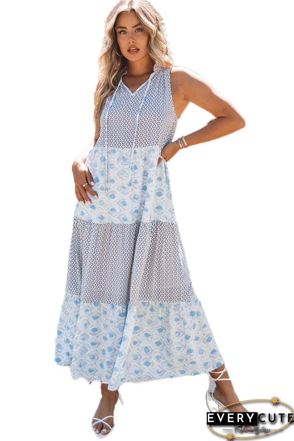 Sky Blue Abstract Print Split Neck Sleeveless Maxi Dress