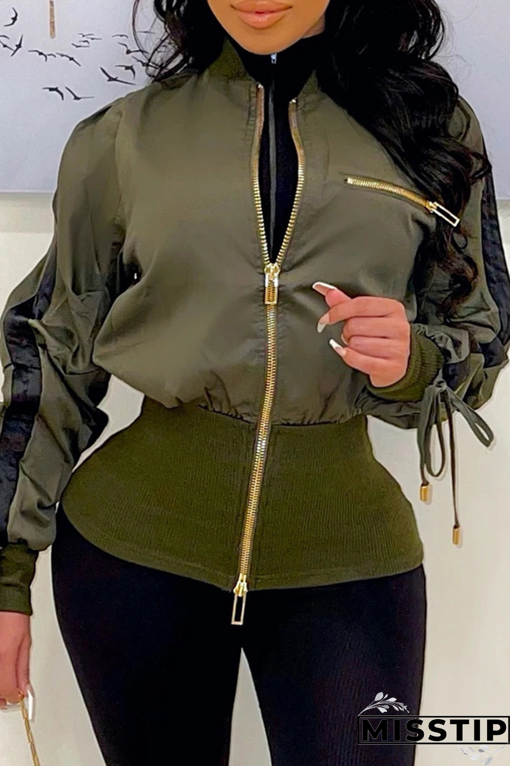 Brown Casual Solid Draw String Zipper Collar Outerwear