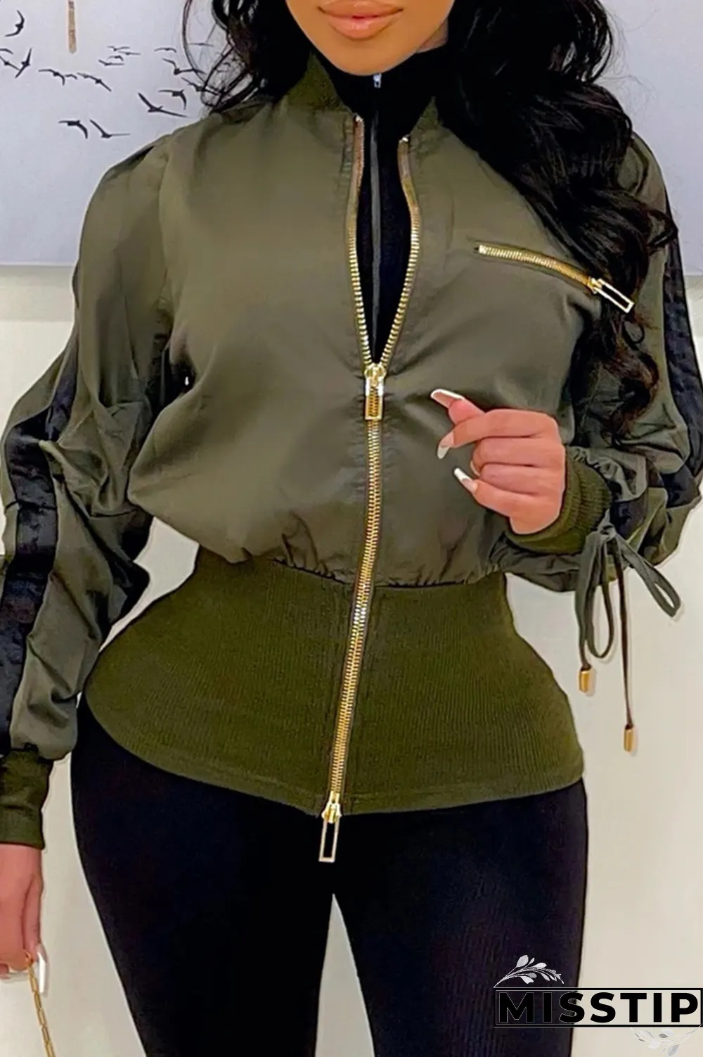 Brown Casual Solid Draw String Zipper Collar Outerwear
