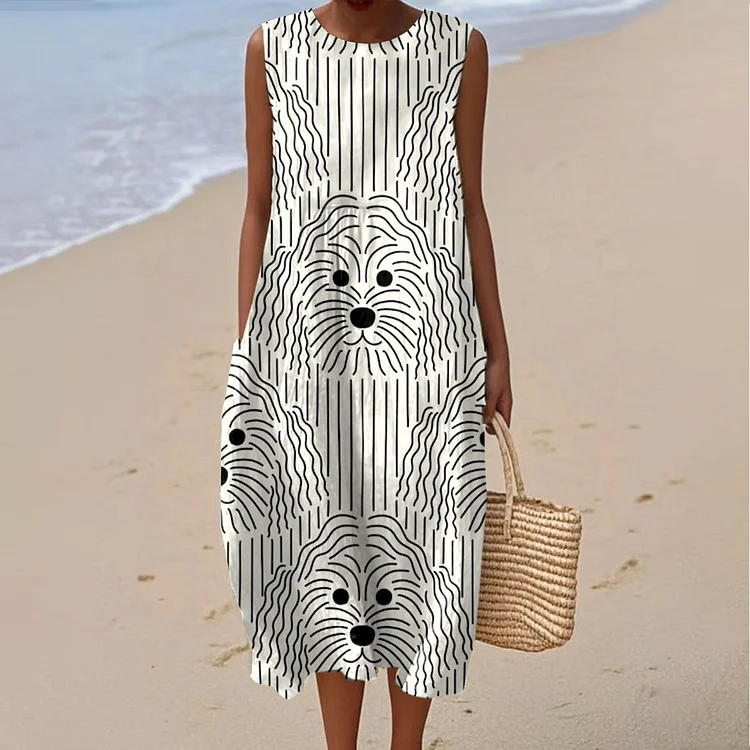 Women's Vintage Line Dog Art Print Sleeveless Cotton Pocket Wrap Dress