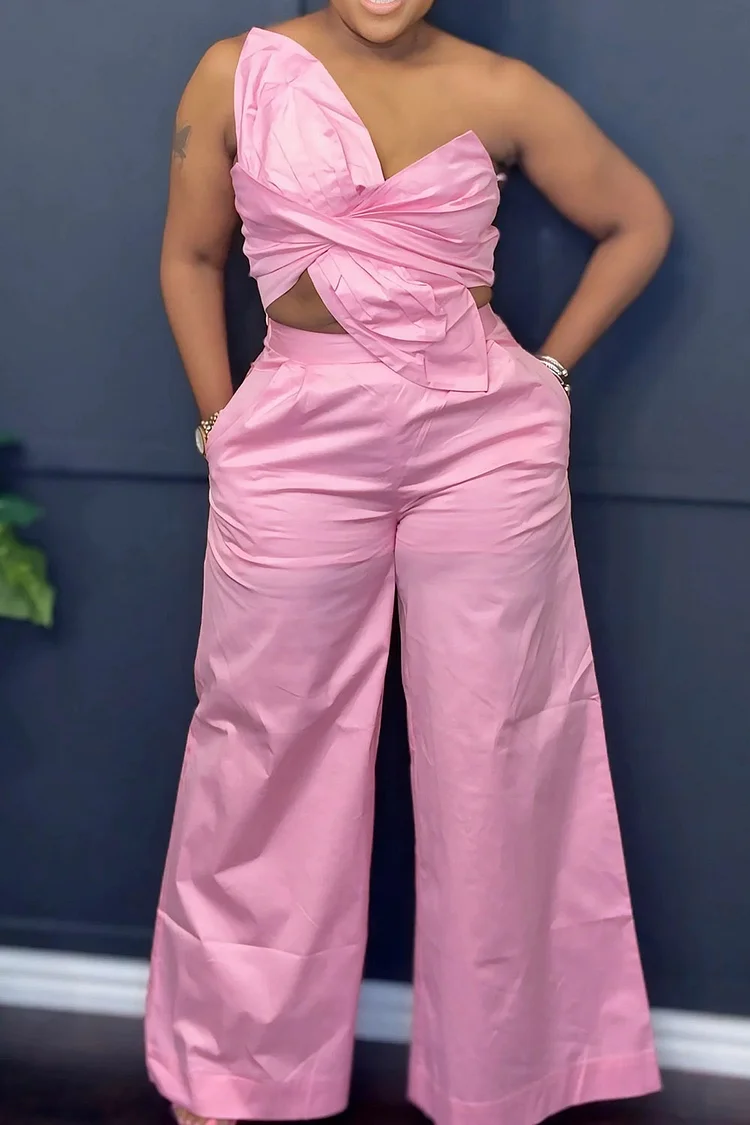 Plus Size Vacation Casual Pink One Shoulder Pocket Wide Leg Two Piece Pant Sets [Pre-Order] 2024 - Xpluswear
