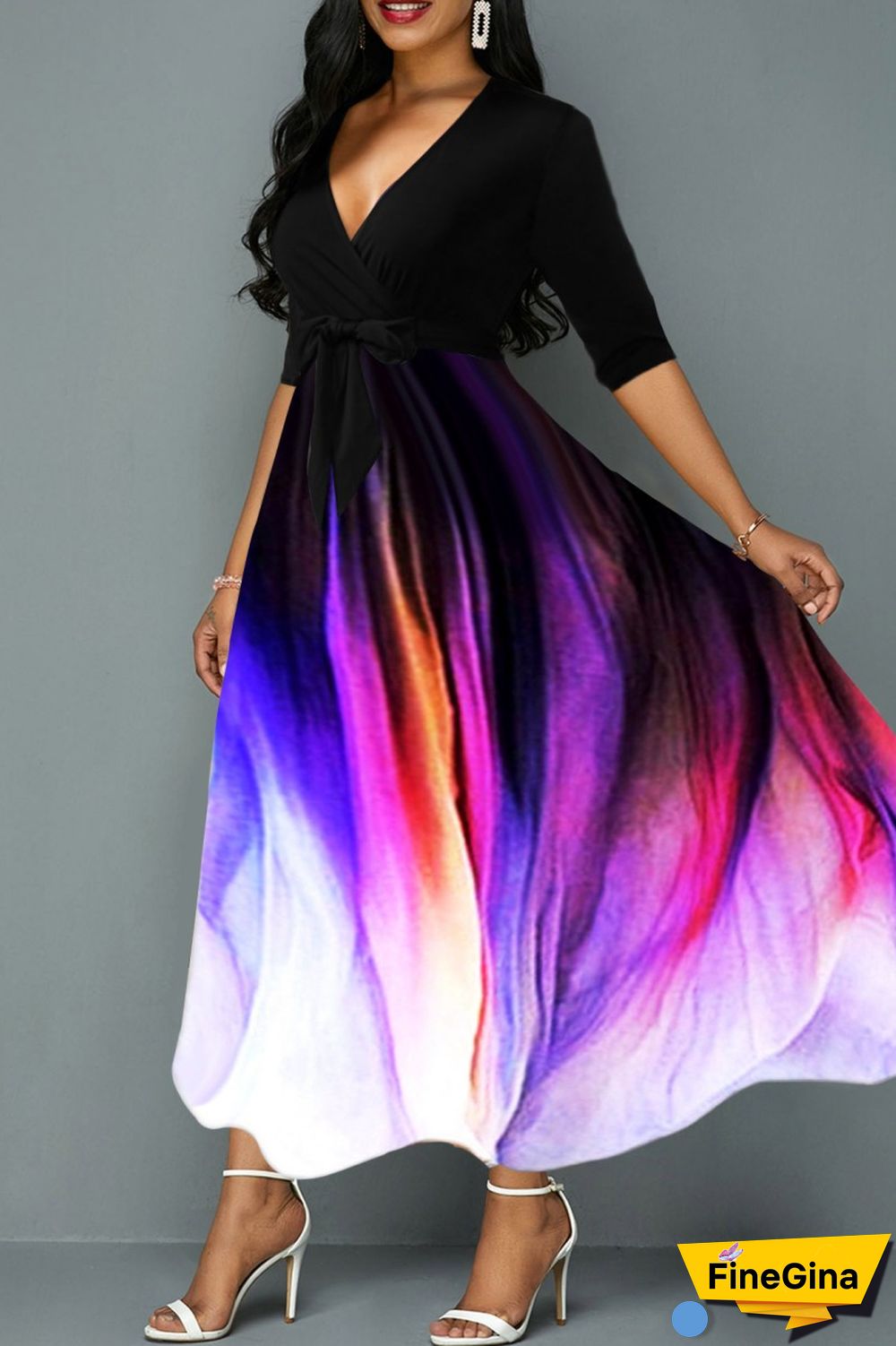 Colour Casual Print Patchwork V Neck Long Dress Dresses