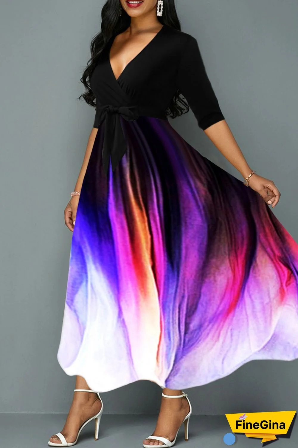 Colour Casual Print Patchwork V Neck Long Dress Dresses