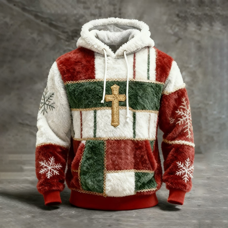 Men's Vintage Christmas Cross Patchwork Art Print Plush Warm Hoodie elevenforest