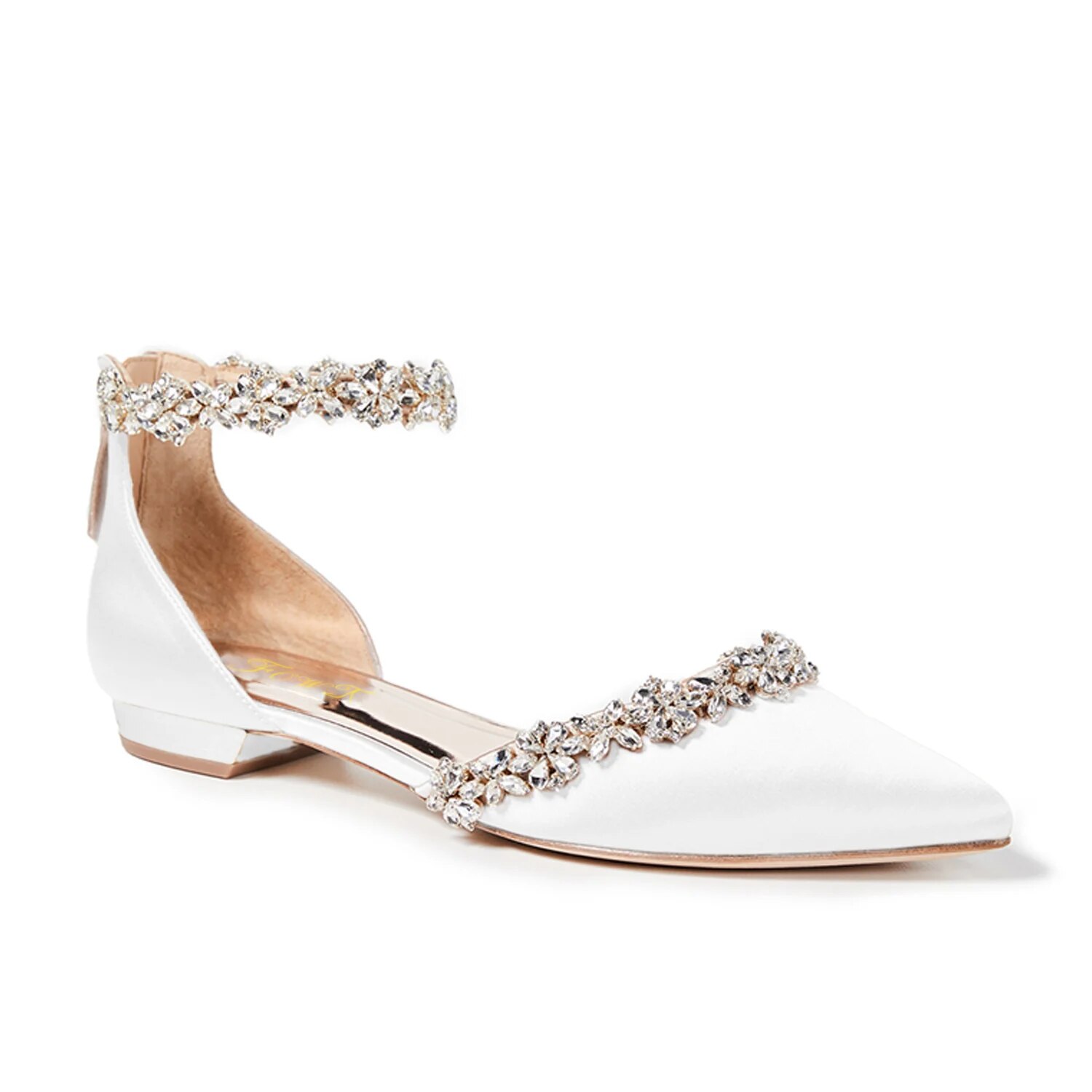 TAAFO White Crystal Flowers Women Wedding Flats Pointed Toe Rhinestone Zipper Ladies Party Shoes 