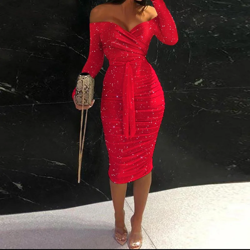 Uveng Uveng Women's New Body-Repaired Ass Skirts With Long-Sleeved Sleeves Of A Party Party Dress