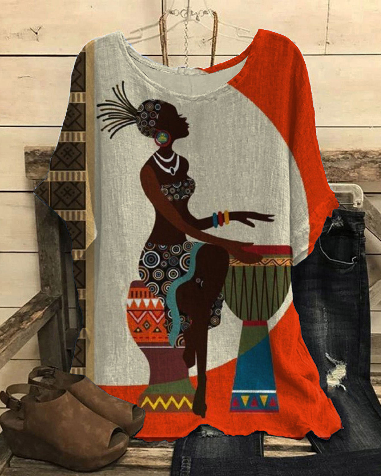 African Drum Ethnic Print Short Sleeve Casual Linen Blend Tunic