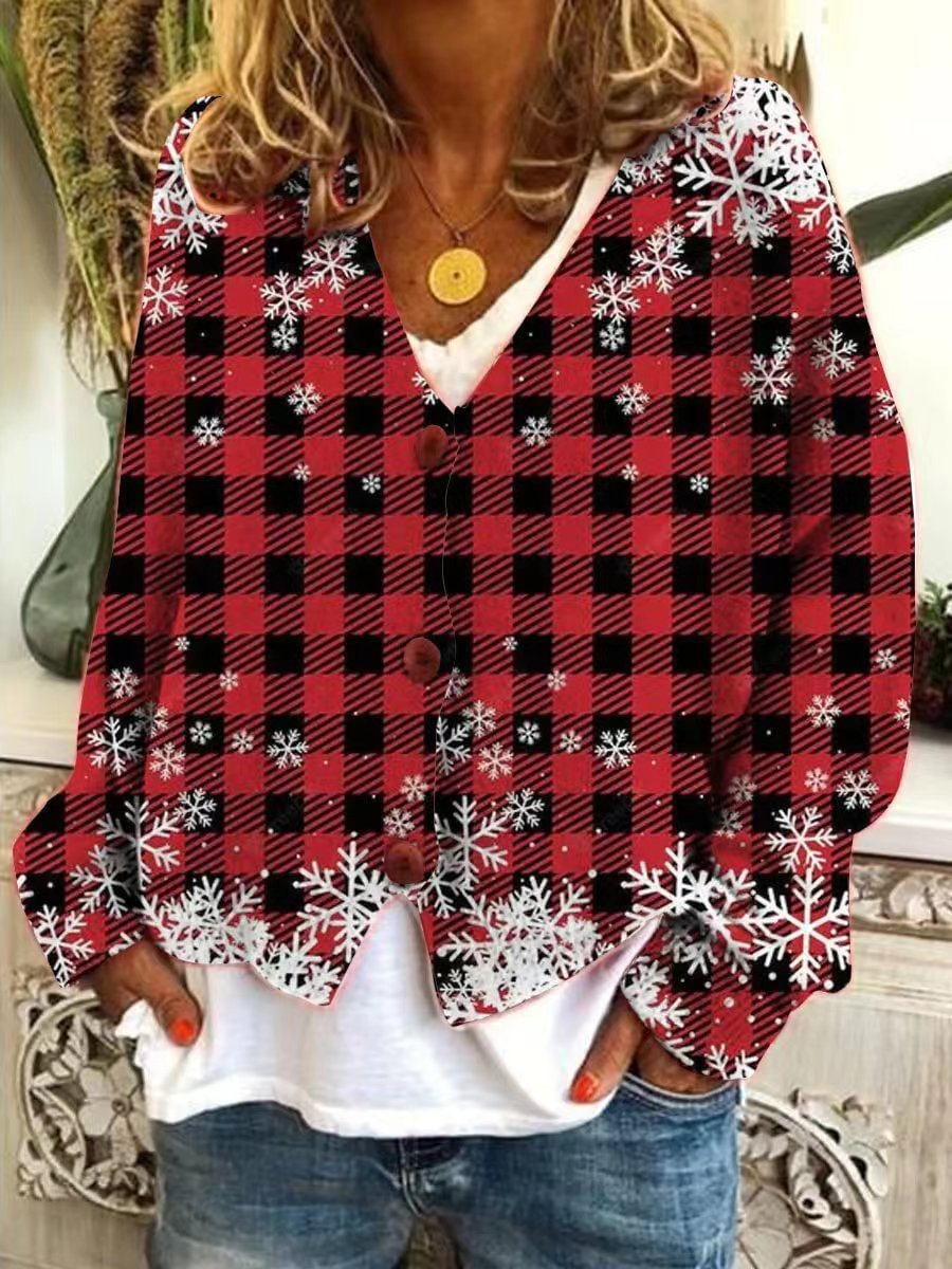 Western Check Print Single-breasted Knit Cardigan