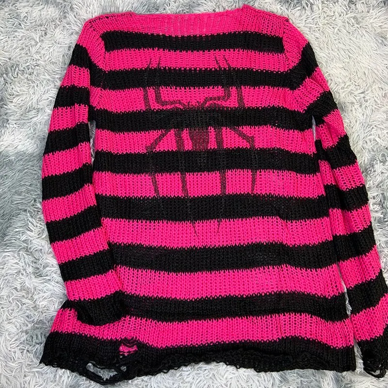 Plus Size Punk Gothic Long Unisex Sweater Dress Women Man Striped Cool Hollow Out Hole Broken Jumper Loose Rock Thin Sweter 2021