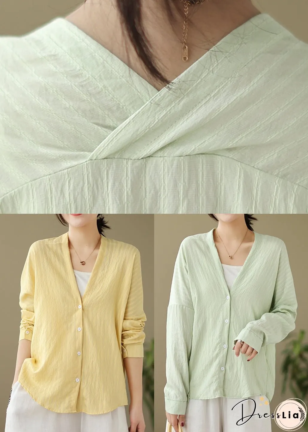 Green Button Patchwork Cotton Coat Outwear V Neck Fall