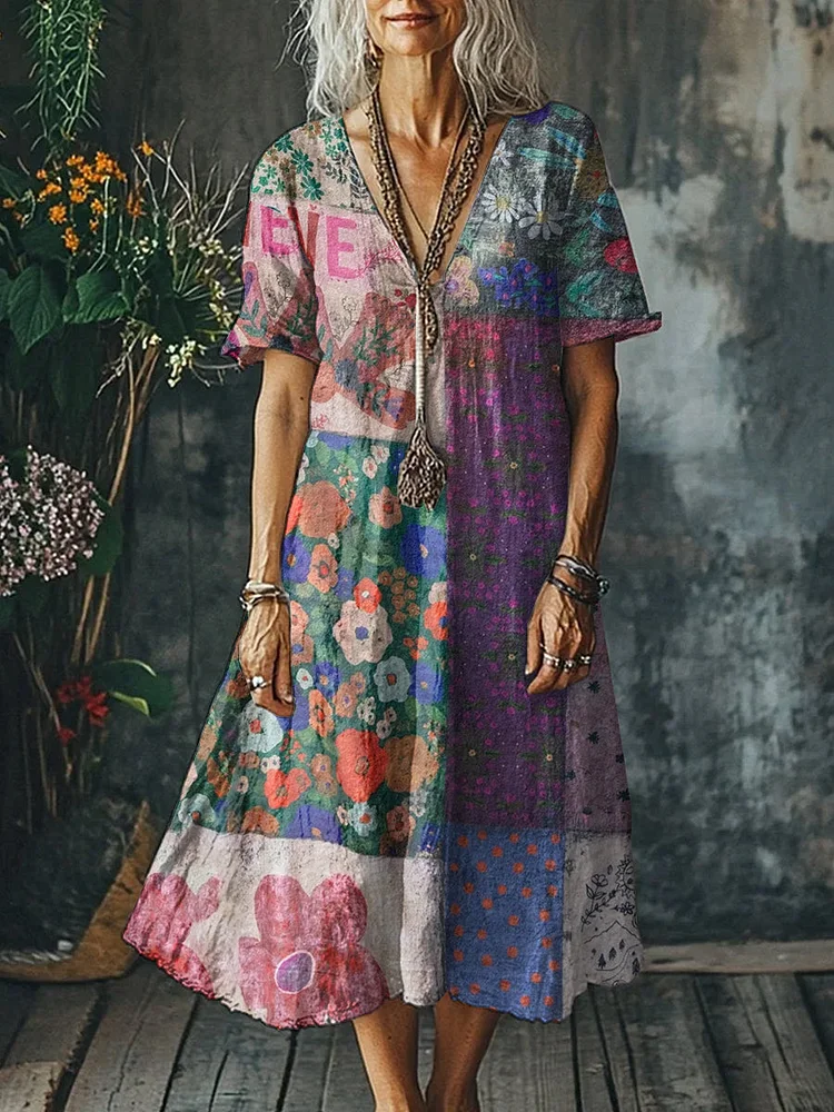 Retro Fashion Graffiti Floral Print V-Neck Short Sleeve Midi Dress
