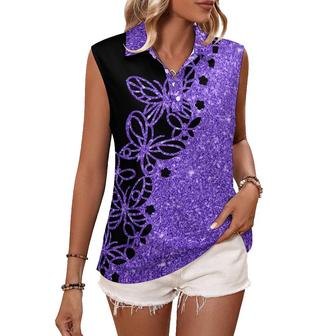 V-neck Sleeveless Casual POLO Shirt Tank Top for Women Printed with Pattern Floral, Patchwork, Butterfly, Glitter,Purple