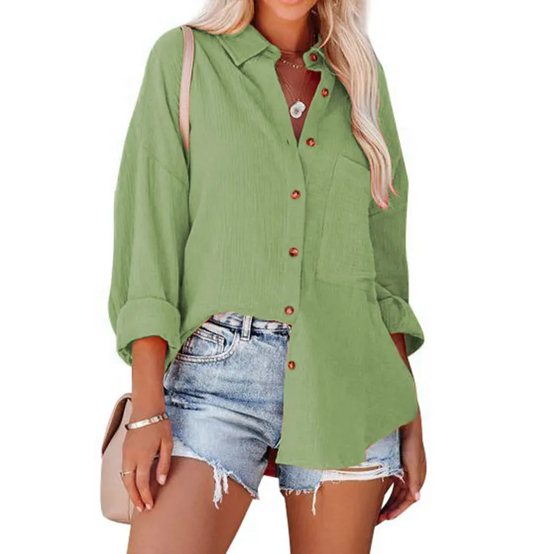 Textured Lapel Collar Button Down Oversized Long Sleeve Shirt