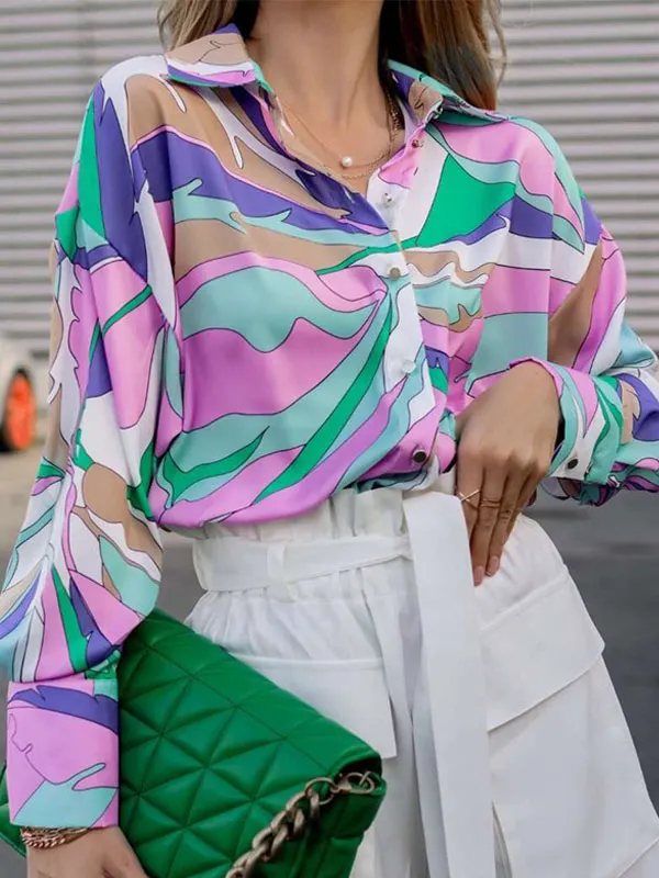 Printed Contrast Color Loose Long Sleeves Lapel Blouses GREEN-XL