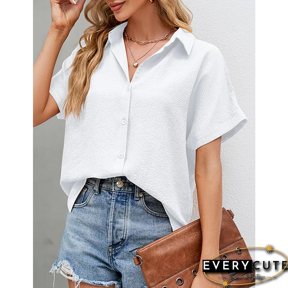 White Button Lapel V Neck Short Sleeve Shirt