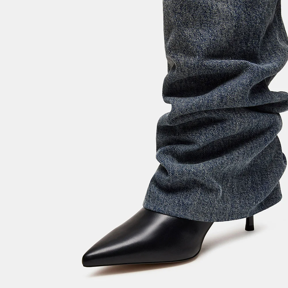 Women's Black & Blue Stiletto Heel Fold Over Slouch Knee High Boots