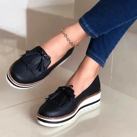 2021 Round Toe PU Ladies Loafers Shoes Slip on Rubber Platform Shoes Women Vulcanized Shoes Woman Autumn Sneakers Female Wedges 924