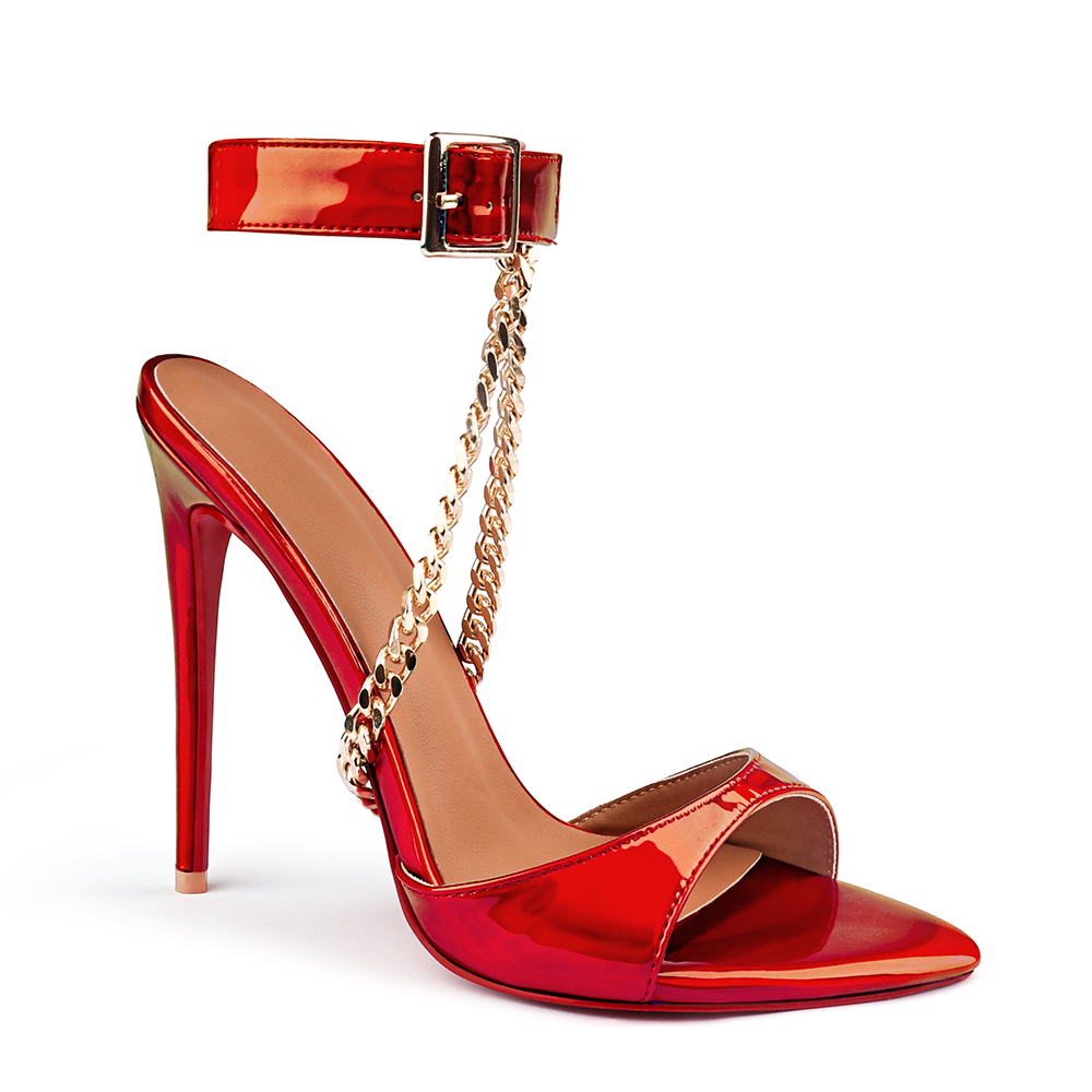 120mm/100mm/80mm Women's Sandals Removable Chain Ankle Strap Pointed Toe Colorful Mules Red Bottom Heels-vocosishoes
