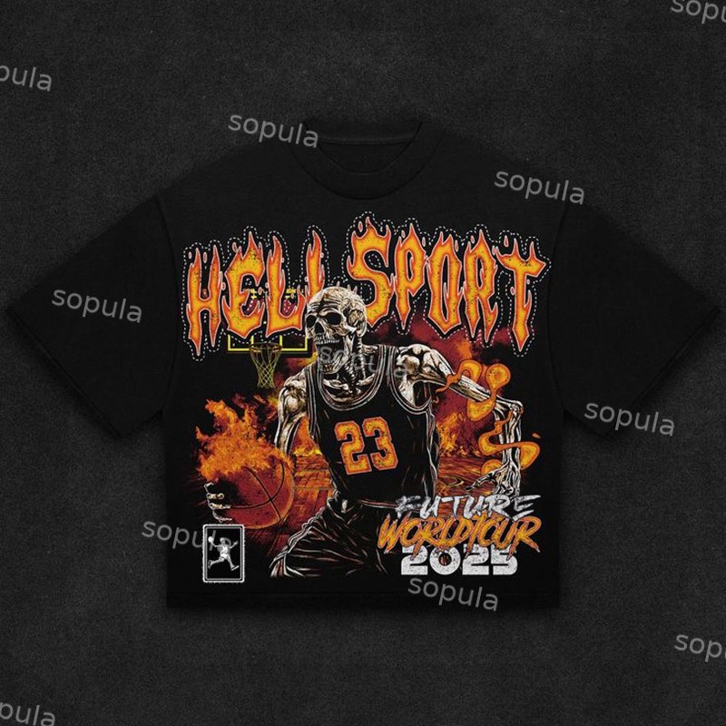 Men's Hellsports Future Worldtour2025 Basketball Star Skull Graphic Cotton T-shirt - SOPULA