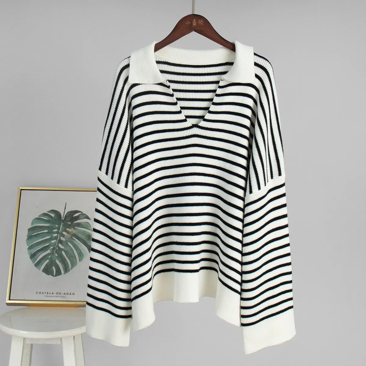 Women Striped V Neck Polo Knit Sweater