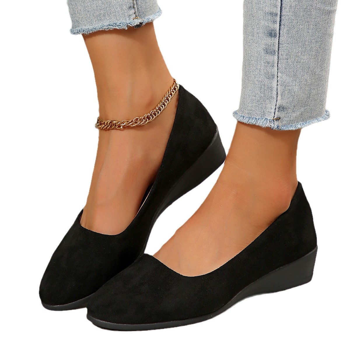 Women's Navy Suede Wedge Flats, Pointed Toe Comfortable Slip-On Loafers
