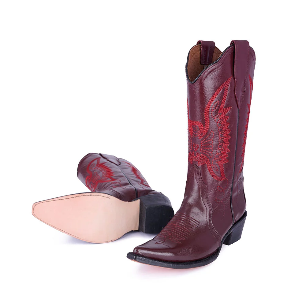 Burgundy Eagle Embroidery Chunky Heel Cowboy Boots for Women