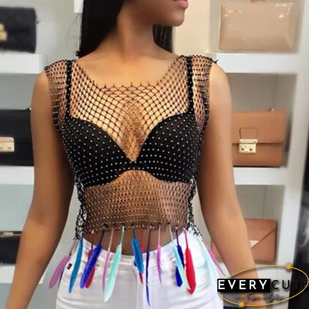 Black Rhinestone Mesh Hollow-out V Neck Crop Top