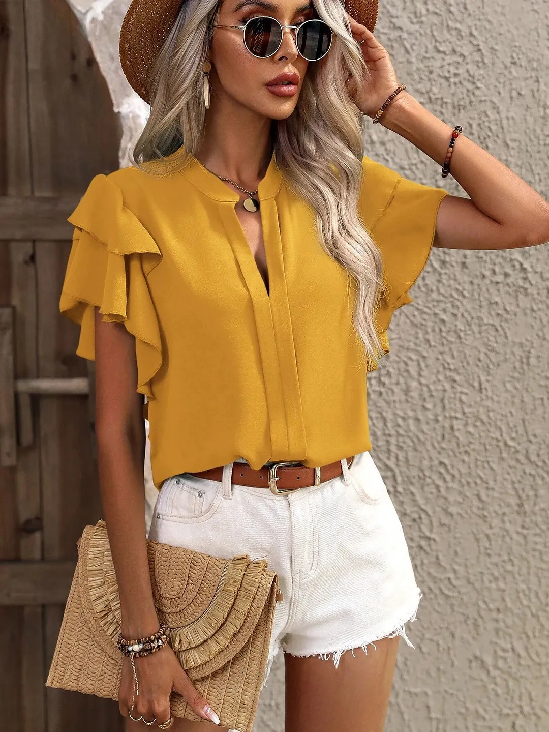 Women's Elegant Butterfly Ruffle Sleeve Shirts and Blouses 