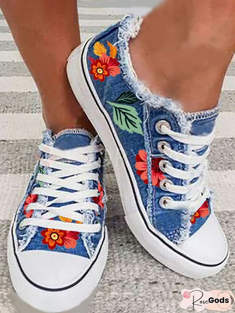 Floral Leaves Lace Up Sneakers Denim Sneakers