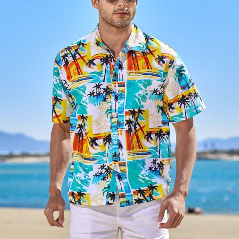 Men's Hawaiian Resort Print Short Sleeve Shirt Beach Top