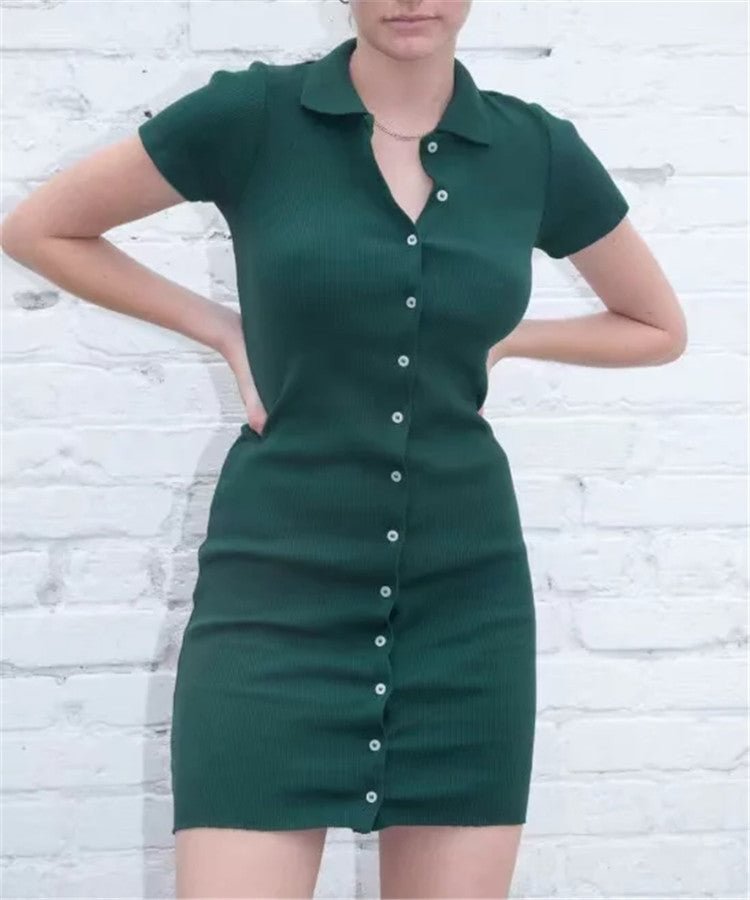Women's Front Row Buttons Slim-fit Hip-wrapped Short Dress Lapel Sleeve