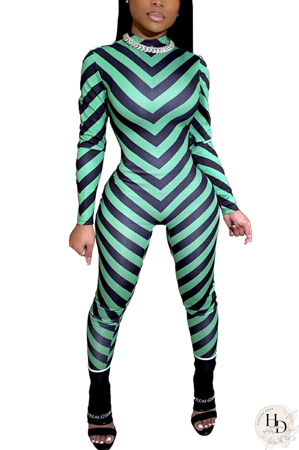 Green Fashion street Striped Milk. Long Sleeve O Neck Jumpsuits
