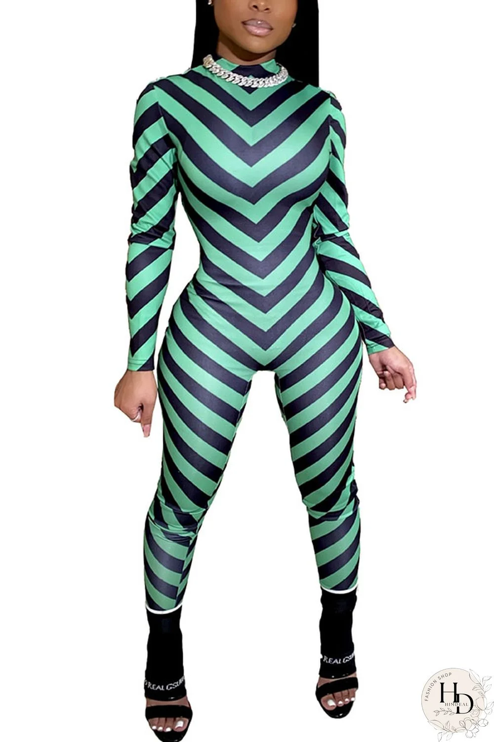 Green Fashion street Striped Milk. Long Sleeve O Neck Jumpsuits